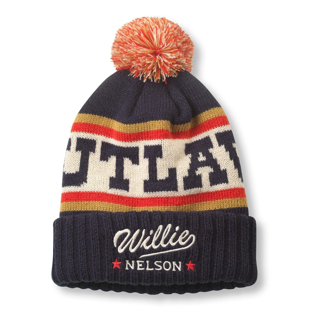 2144 Willie Nelson Outlaw Pillow Line Knit Beanie, Navy/Ivory/Gold